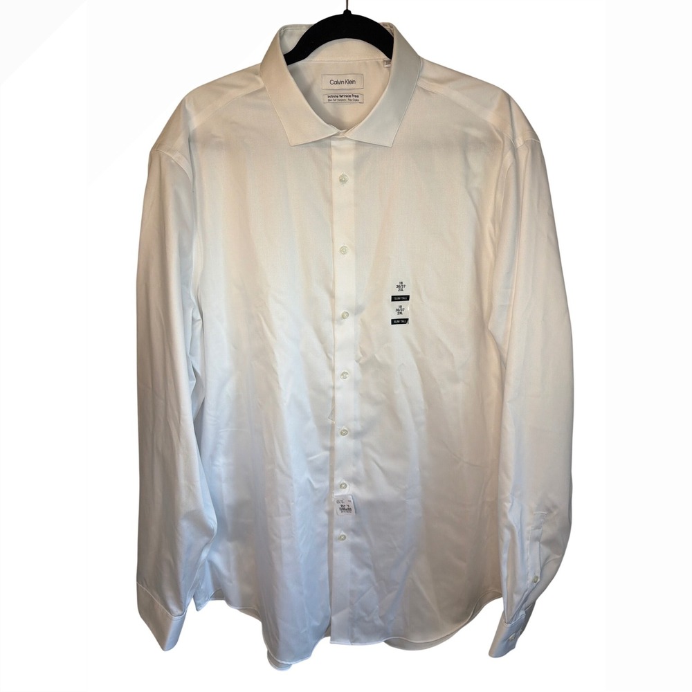 Calvin Klein Mens White Slim Tall Infinite Wrinkle Free Dress Shirt 18 36/37 2XL